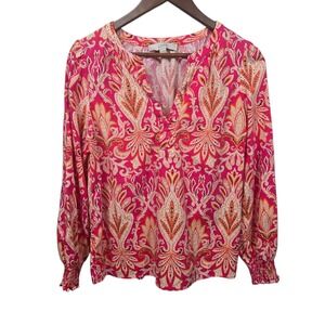 LOFT Paisley Print V Neck Smocked Cuff Long Sleeve Boho Blouse Top Womens Medium
